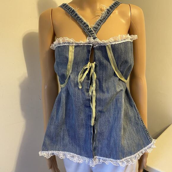 VTG OldNavy BlueDenim LaceTrim Corset Coquette Babydoll Handmade Up cycle L/XL - Picture 6 of 13